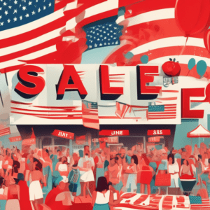 A giant calendar with May crossed out and June circled, overflowing with shopping bags labeled SALE in bold red letters, with a waving American flag in the background and barbeque smoke billowing in t