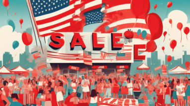 A giant calendar with May crossed out and June circled, overflowing with shopping bags labeled SALE in bold red letters, with a waving American flag in the background and barbeque smoke billowing in t