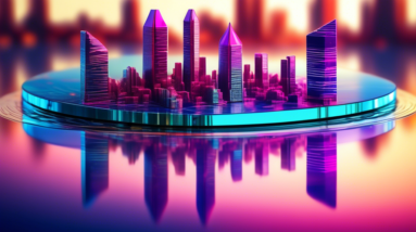 A silicon wafer with a futuristic cityscape reflected on its surface