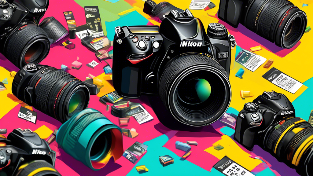 A Nikon camera with a price tag plummeting down, surrounded by other Nikon cameras with their price tags also falling