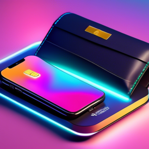 A sleek leather wallet lying open, with a glowing credit card wirelessly charging on a charging pad, superimposed with the Find My location pin hovering above the card.