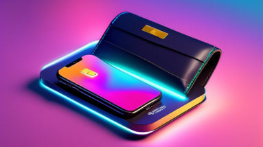 A sleek leather wallet lying open, with a glowing credit card wirelessly charging on a charging pad, superimposed with the Find My location pin hovering above the card.