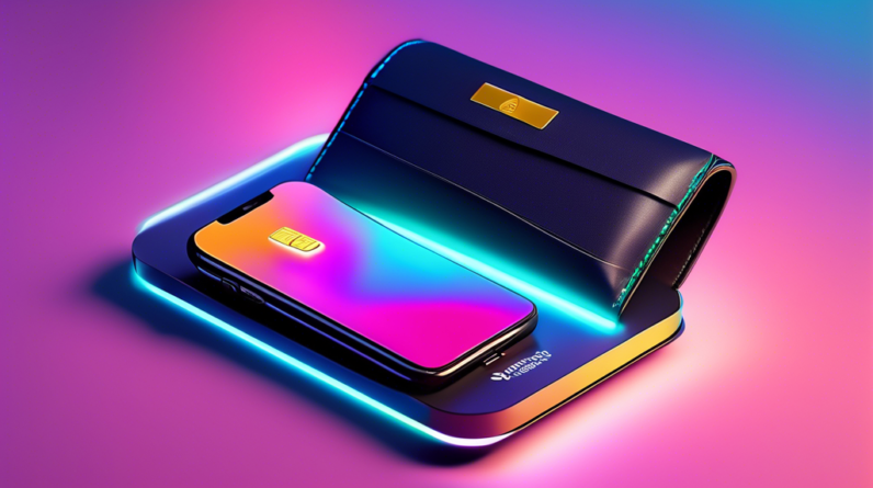 A sleek leather wallet lying open, with a glowing credit card wirelessly charging on a charging pad, superimposed with the Find My location pin hovering above the card.
