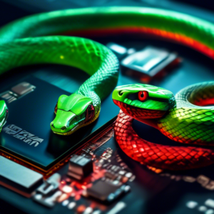 A Nvidia green snake and a MediaTek red snake coiled around a Qualcomm Snapdragon, a chip with a dragon logo, with laptops in the background.