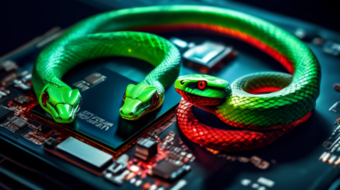 A Nvidia green snake and a MediaTek red snake coiled around a Qualcomm Snapdragon, a chip with a dragon logo, with laptops in the background.