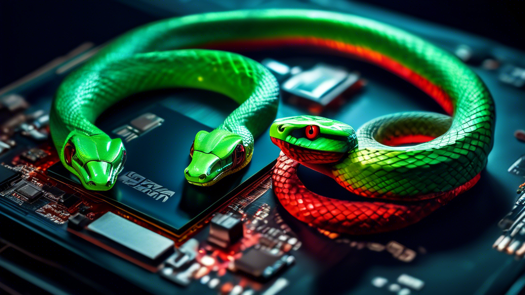 A Nvidia green snake and a MediaTek red snake coiled around a Qualcomm Snapdragon, a chip with a dragon logo, with laptops in the background.