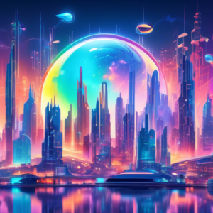 A futuristic cityscape reflecting the Google logo, with a holographic projection of Gemini and Project Astra above it, surrounded by AI-powered devices.