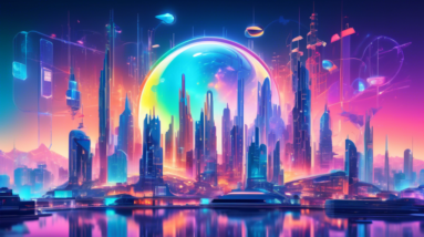 A futuristic cityscape reflecting the Google logo, with a holographic projection of Gemini and Project Astra above it, surrounded by AI-powered devices.