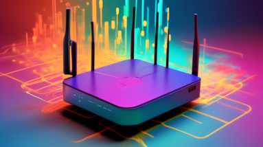 A wifi router undergoing a series of tests with data visualized around it