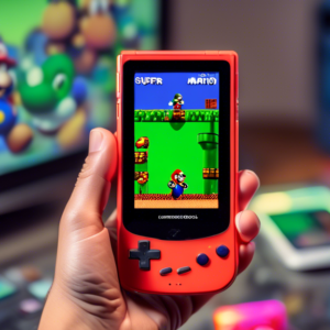 A vintage Game Boy Color displaying Super Mario 64 on its screen, held in front of a modern smartphone with a transparent emulator app open.
