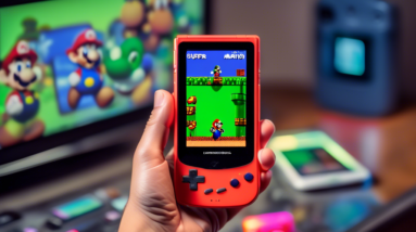 A vintage Game Boy Color displaying Super Mario 64 on its screen, held in front of a modern smartphone with a transparent emulator app open.