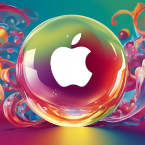 A crystal ball reflecting the Apple logo, surrounded by swirling rumors of new Apple products