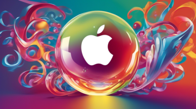 A crystal ball reflecting the Apple logo, surrounded by swirling rumors of new Apple products