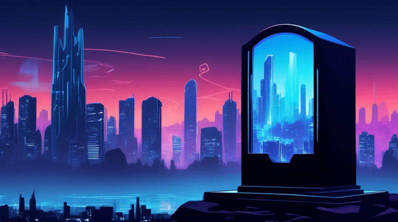 A tombstone with RIP WordPad and Cortana engraved on it, with a futuristic cityscape in the background and a translucent Windows 11 logo casting a shadow over the tombstone.