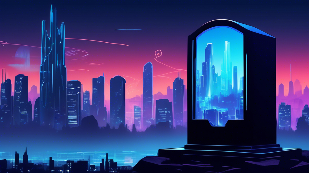 A tombstone with RIP WordPad and Cortana engraved on it, with a futuristic cityscape in the background and a translucent Windows 11 logo casting a shadow over the tombstone.