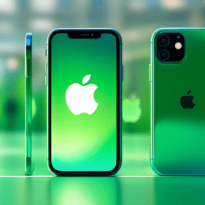 A gleaming, like-new iPhone 14 displayed in profile, with a smaller, translucent image of an Apple store in the background and a green recycle symbol overlaid on the bottom corner.