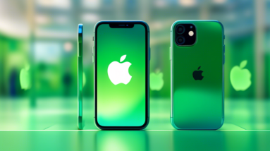 A gleaming, like-new iPhone 14 displayed in profile, with a smaller, translucent image of an Apple store in the background and a green recycle symbol overlaid on the bottom corner.