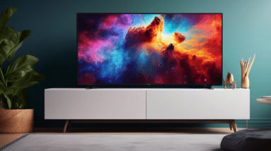 A sleek and modern Vizio television with a bright Quantum Pro logo, showcasing a vibrant and detailed image of a nebula on screen.