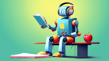 A robot wearing headphones taking notes on a giant notepad with an Apple logo.