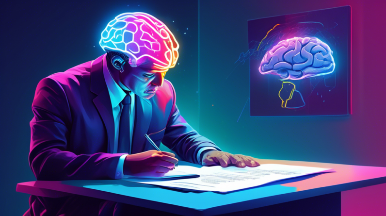 A businessman with a regretful expression signing a document titled OpenAI Exit Paperwork with a glowing AI brain hovering over his shoulder.