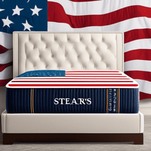 A luxurious Stearns & Foster mattress with an American flag draped over it and a Memorial Day Sale sign with $900 off prominently displayed.