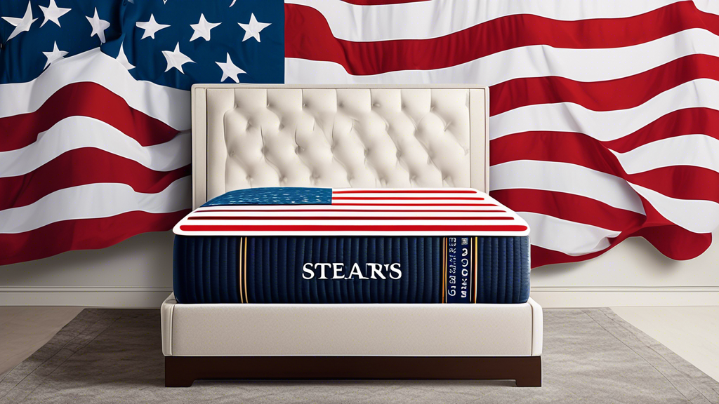 A luxurious Stearns & Foster mattress with an American flag draped over it and a Memorial Day Sale sign with $900 off prominently displayed.