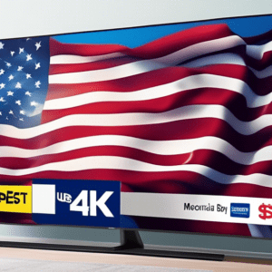 A giant 75-inch Samsung 4K TV with an American flag draped over it and a Best Buy price tag hanging off showing a heavily discounted price for Memorial Day sale.