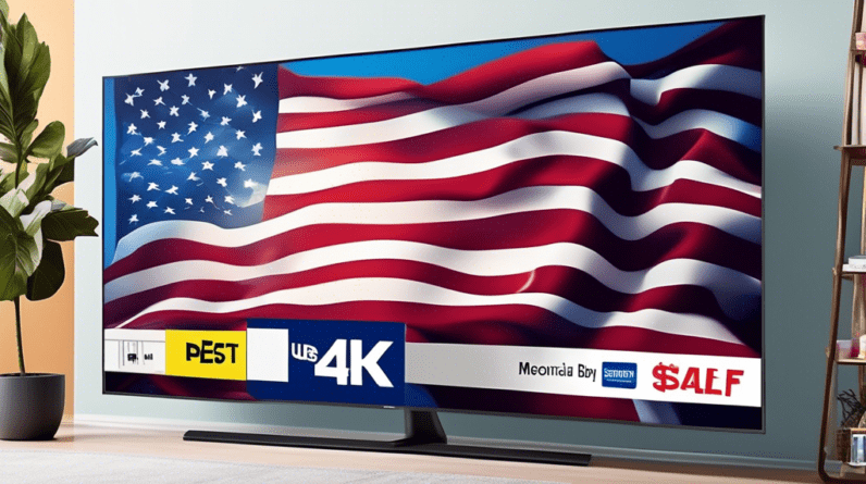 A giant 75-inch Samsung 4K TV with an American flag draped over it and a Best Buy price tag hanging off showing a heavily discounted price for Memorial Day sale.