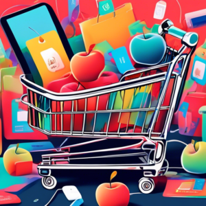 A shopping cart overflowing with Apple products like a Macbook, iPad, AirPods, and an Apple Watch, all with sale tags on them.