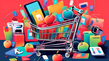 A shopping cart overflowing with Apple products like a Macbook, iPad, AirPods, and an Apple Watch, all with sale tags on them.