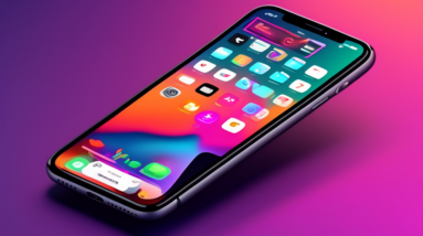 A futuristic, sleek iPhone displaying a redesigned settings app with intuitive icons and a minimalist interface, set against a backdrop of the macOS 15 desktop.