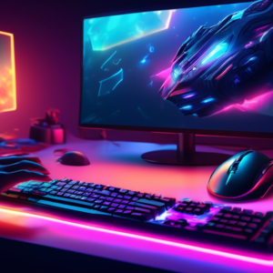 A sleek and powerful computer setup bathed in the warm glow of LED lights, with a person's hands typing on the keyboard and reaching for a gaming mouse