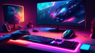 A sleek and powerful computer setup bathed in the warm glow of LED lights, with a person's hands typing on the keyboard and reaching for a gaming mouse