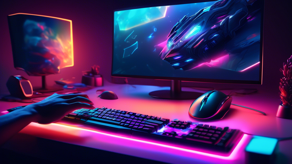 A sleek and powerful computer setup bathed in the warm glow of LED lights, with a person's hands typing on the keyboard and reaching for a gaming mouse