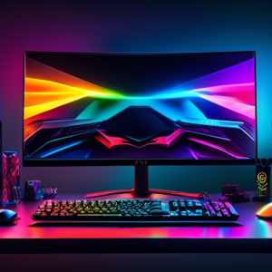 A sleek and powerful gaming PC setup on a desk, with multiple monitors, a high-end graphics card, RGB lighting, a mechanical keyboard, and a gaming mouse, award trophy in the background.