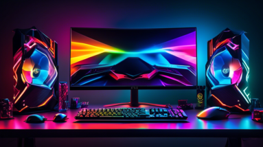 A sleek and powerful gaming PC setup on a desk, with multiple monitors, a high-end graphics card, RGB lighting, a mechanical keyboard, and a gaming mouse, award trophy in the background.