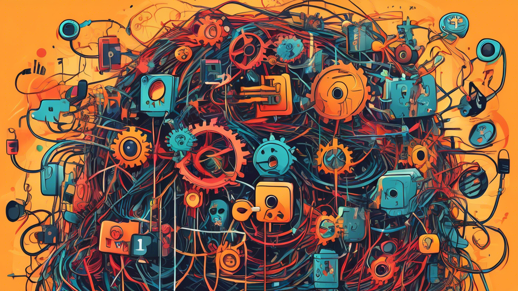 A social media algorithm depicted as a tangled mess of wires and gears, with hateful symbols and misinformation getting amplified while diverse voices are silenced.