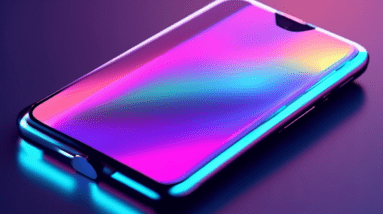 A futuristic smartphone with a nearly invisible notch at the top of the screen, displaying a holographic RAM expansion animation.