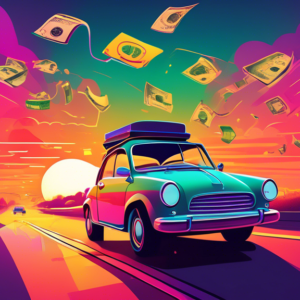 A Spotify Car Thing smart player driving into a sunset on a road made of money.