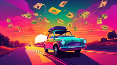 A Spotify Car Thing smart player driving into a sunset on a road made of money.