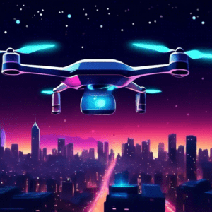 A lone futuristic drone with glowing lights flying through a dark, starry night sky over a city skyline