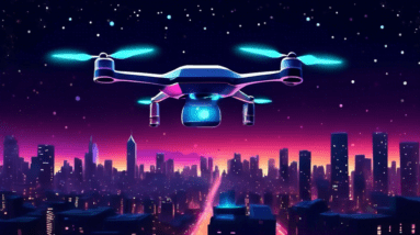 A lone futuristic drone with glowing lights flying through a dark, starry night sky over a city skyline