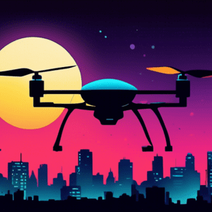 A small dark drone silhouetted against a bright full moon with a city skyline in the background.