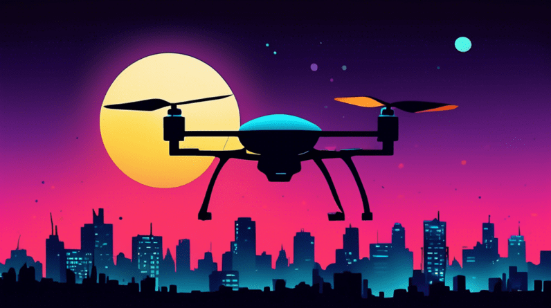 A small dark drone silhouetted against a bright full moon with a city skyline in the background.
