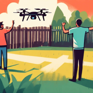 A person waves their fist angrily at a drone hovering over their backyard, which is surrounded by a tall privacy fence