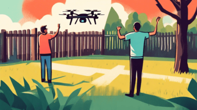 A person waves their fist angrily at a drone hovering over their backyard, which is surrounded by a tall privacy fence