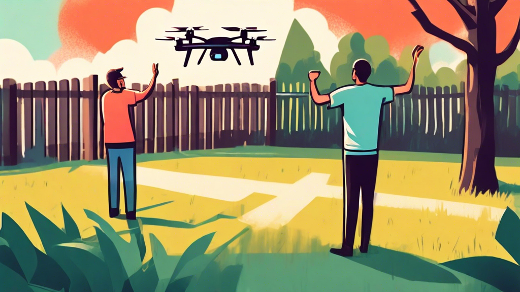 A person waves their fist angrily at a drone hovering over their backyard, which is surrounded by a tall privacy fence
