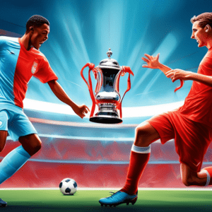 Two soccer players, one in red and one in sky blue, battle for possession of a gleaming FA Cup trophy under the bright lights of Wembley Stadium.