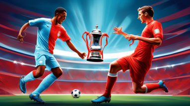 Two soccer players, one in red and one in sky blue, battle for possession of a gleaming FA Cup trophy under the bright lights of Wembley Stadium.