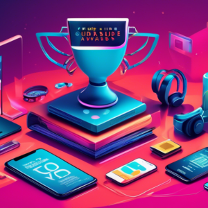 A sleek, futuristic trophy with the words Tom's Guide Awards engraved on it, surrounded by various tech gadgets like smartphones, laptops, and headphones all vying for attention.